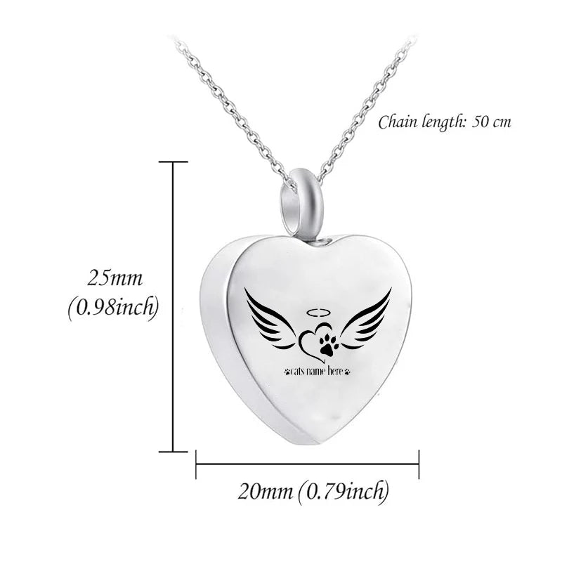 Heart Pendant Dog Paw Mini Urn Stainless Steel Cremation Jewelry to Honor the Memory of Pets Featuring Love Angel Wings