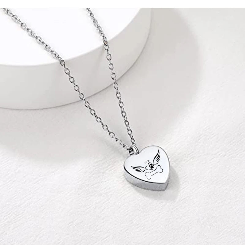 Small Stainless Steel Urn Pendant Cremation Jewelry Dog Paw Bone Angel Wing for Children Filling Kit to Commemorate Pets