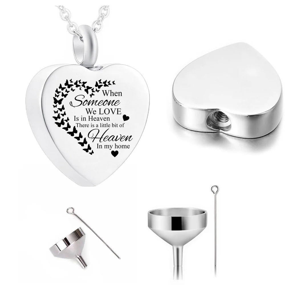 Vintage Stainless Steel Urn Heart-shaped Pendant Cremation Jewelry Commemorate Dead Relatives Pets Butterfly Ashes Memorial