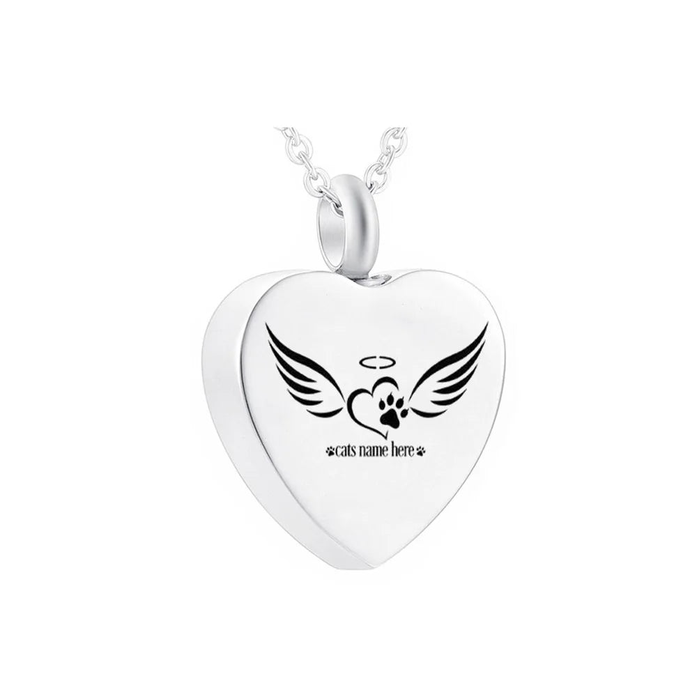 Heart Pendant Dog Paw Mini Urn Stainless Steel Cremation Jewelry to Honor the Memory of Pets Featuring Love Angel Wings