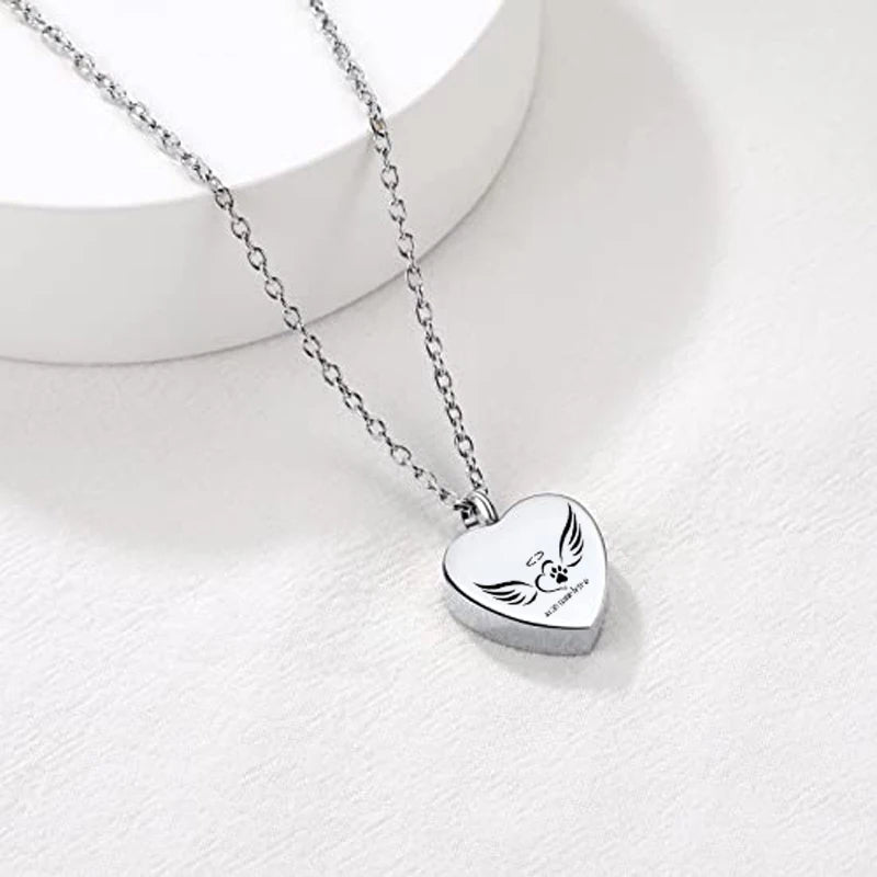 Heart Pendant Dog Paw Mini Urn Stainless Steel Cremation Jewelry to Honor the Memory of Pets Featuring Love Angel Wings