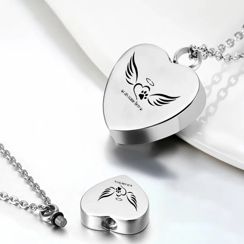 Heart Pendant Dog Paw Mini Urn Stainless Steel Cremation Jewelry to Honor the Memory of Pets Featuring Love Angel Wings