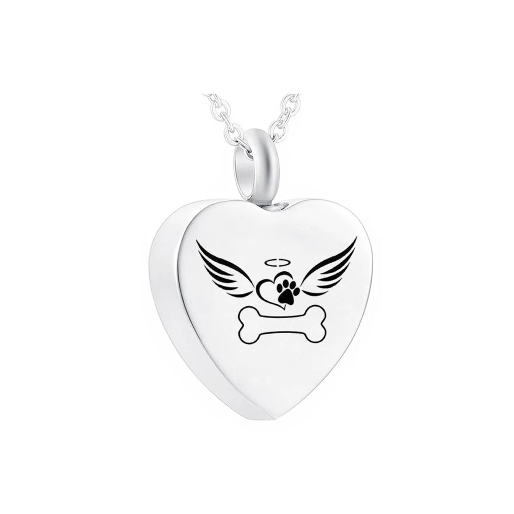 Small Stainless Steel Urn Pendant Cremation Jewelry Dog Paw Bone Angel Wing for Children Filling Kit to Commemorate Pets