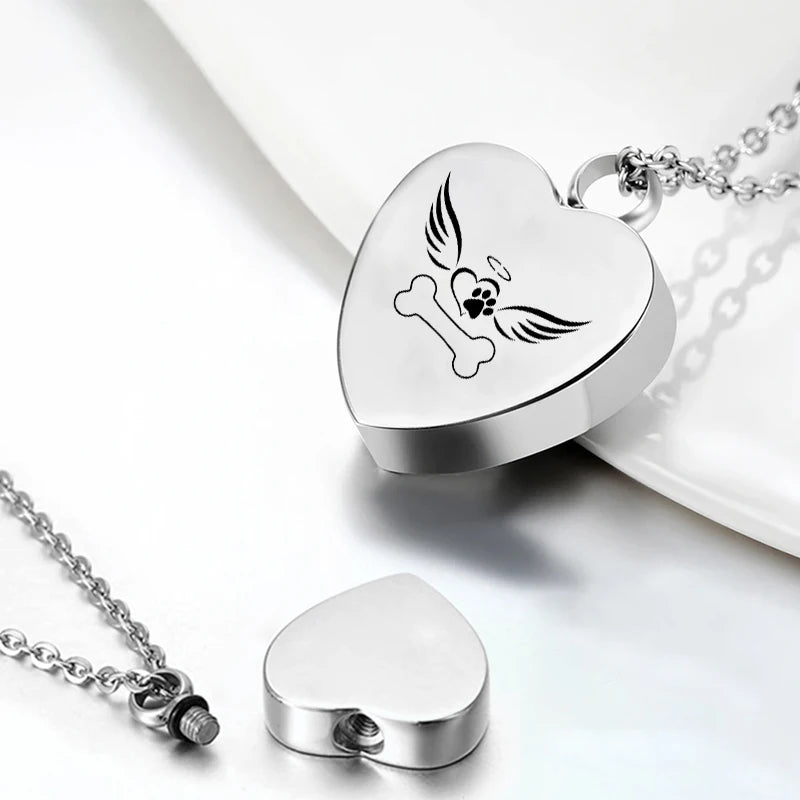 Small Stainless Steel Urn Pendant Cremation Jewelry Dog Paw Bone Angel Wing for Children Filling Kit to Commemorate Pets