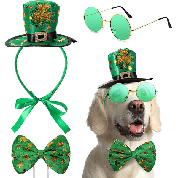 Yaomiao 3 Pcs St Patricks Day Dog Costume St. Pattys Day Doggie Headband Green Round PET Sunglasses and Green Shamrock Bow Tie Set for Medium Large Dogs(Hat Style)