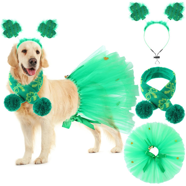 SilTriangle 3 Pcs St Patricks Day Dog Costume Set Including Sequins Shamrock Headband St. Patricks Day Dog Tutu Dress Cute Pet Tutu Green Irish Pet Scarf for Medium Dogs Holiday Outfit Accessory